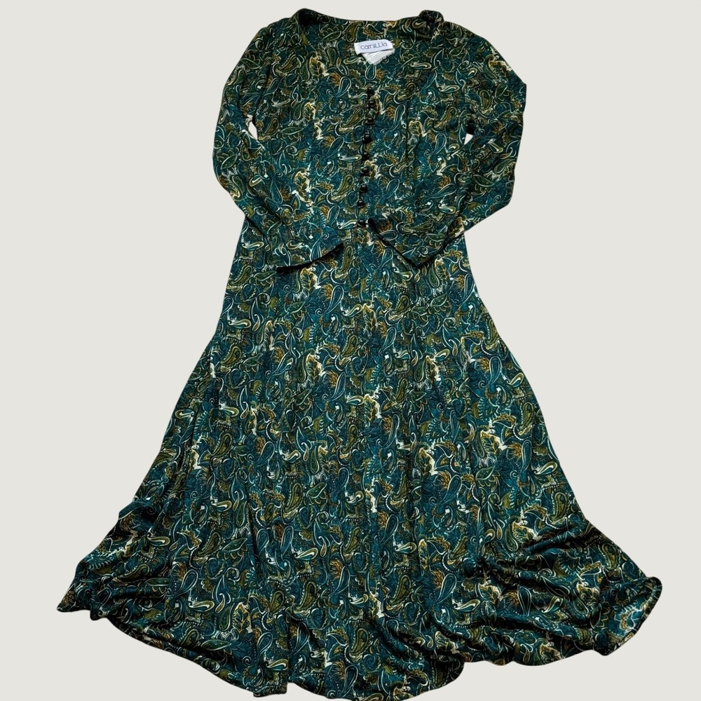 Vintage 80s Camillia Paisley Corset Dress - Teal Green Whimsigoth Maxi Size 8